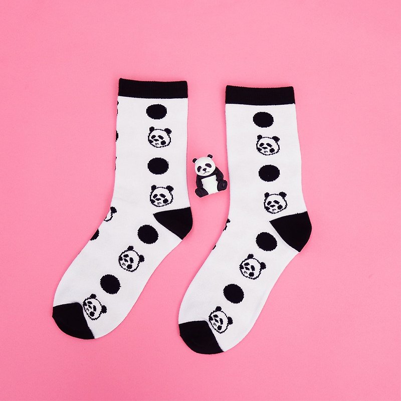 02 圓點黑白熊猫 / 襪子 - 襪子 - 棉．麻 白色