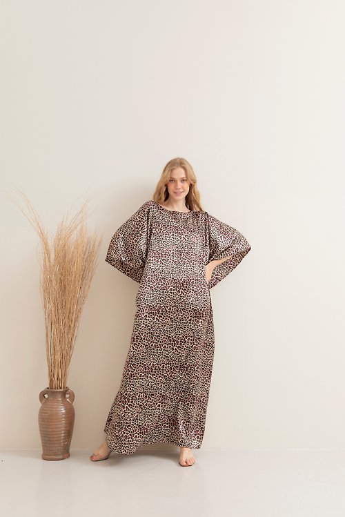 slowsundaynight Tiger Print Silk Kaftan Dressing Gown Full Length Kaftan Long Sleeves, Plus Size