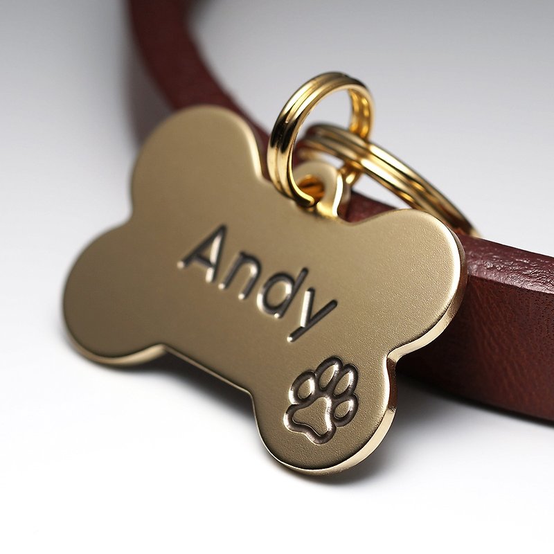 Bone Dog Tag, Brass Dog Tag, Personalized Pet ID Tags, Engraved Name tag - อื่นๆ - ทองแดงทองเหลือง สีทอง