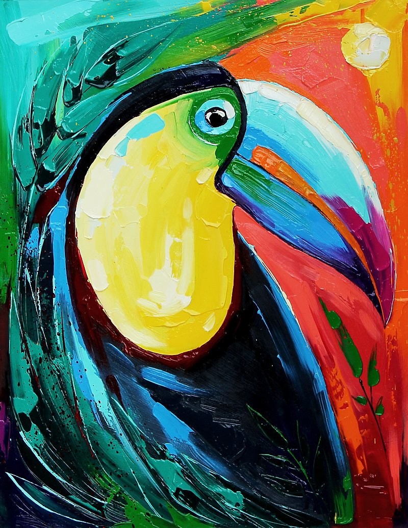 Toucan Painting 油畫原作 Tropical Bird Original Art Parrot Artwork 28 by 36 cm - 海報/掛畫/掛布 - 其他材質 黃色