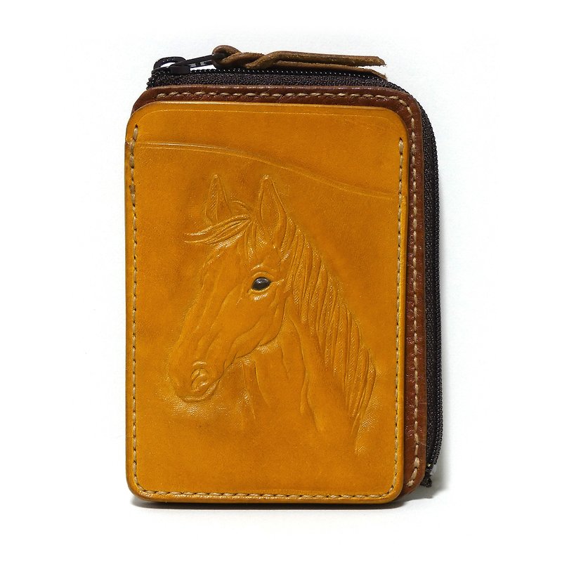 marie / Marie Genuine leather leather pass case and card case / horse / regular case / hand dyed / carving - ที่ใส่บัตรคล้องคอ - หนังแท้ สีส้ม