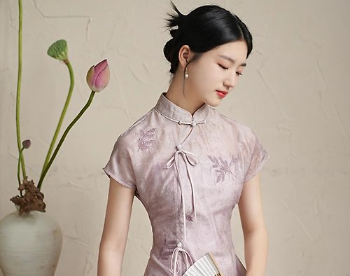 初蟬 新中式復古中國風 收腰立體繡花短袖洋裝