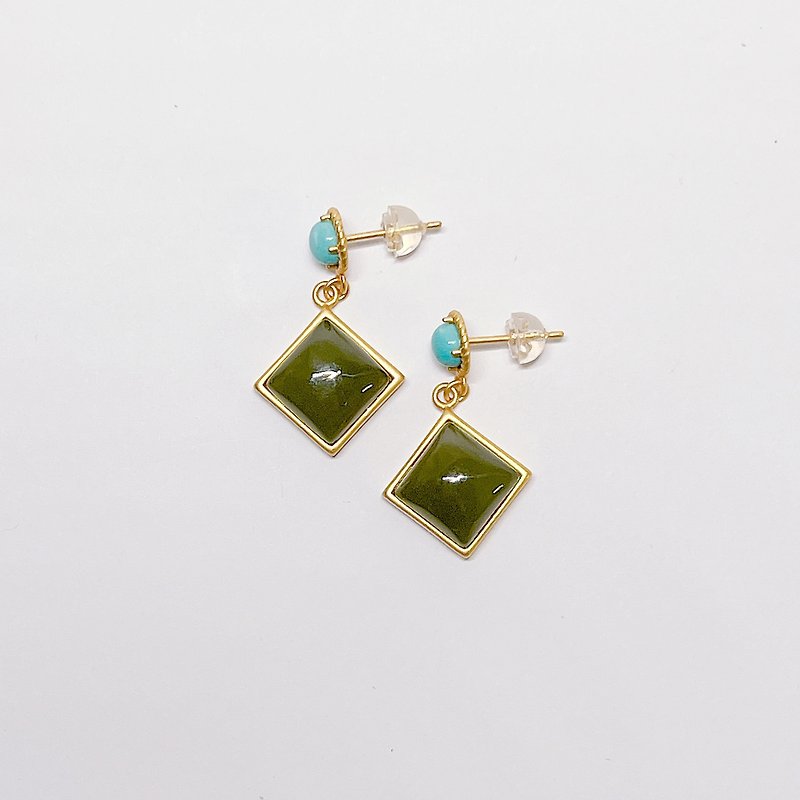 Pure precious series_natural Hetian sapphire and turquoise 925 sterling silver 18K gold plated earrings - Earrings & Clip-ons - Jade Green
