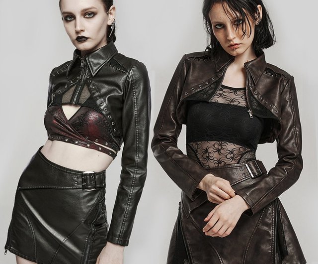 ジャケット・アウター grunge sheep leather short jacket punk Cyberpunk Y2K Crop Jacket - Goth Dark Faux Leather Coat