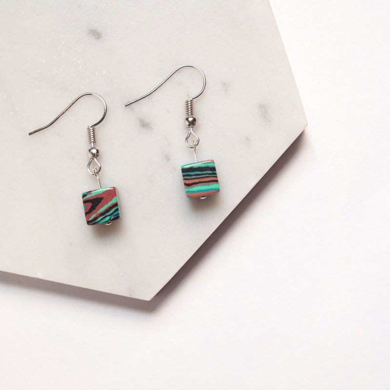 "KeepitPetite" irregular stripes • • cubic turquoise earrings ear hook - ต่างหู - เครื่องเพชรพลอย สีเขียว