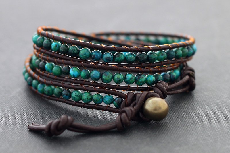 Leather Wrap Bracelets Stone Unisex Boho Malachite Beaded Leather  - Bracelets - Stone Green