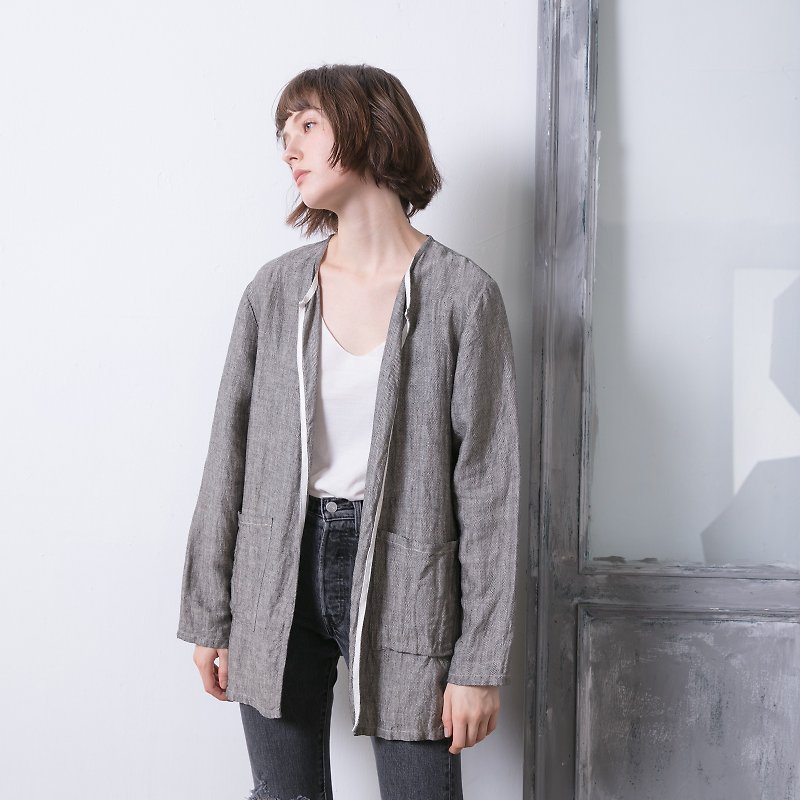 Openfront unstructured jacket - Herringbone pattern - เสื้อแจ็คเก็ต - ผ้าฝ้าย/ผ้าลินิน สีเทา