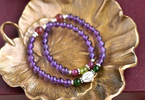 CaWaiiDaisy Handmade Jewelry 紫水晶+橄欖石+鉻透輝石+碧璽+草莓晶純銀雙圈手鍊
