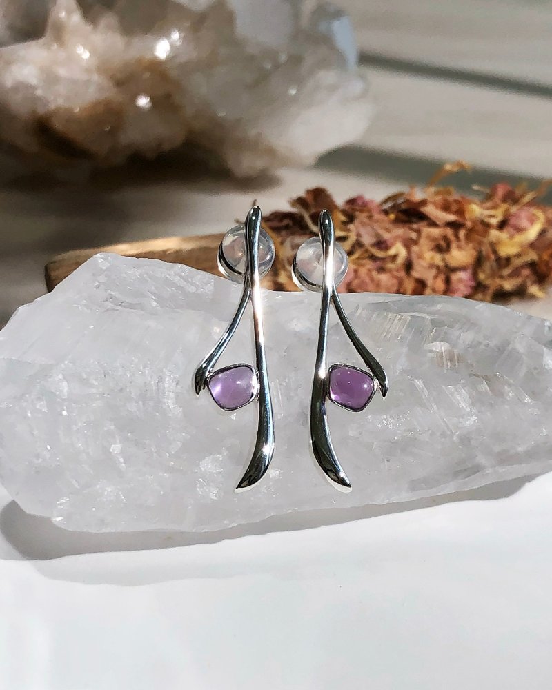 【紫水晶】提升智慧與財富 耳環 |  925銀 天然水晶 - 戒指 - 純銀 白色