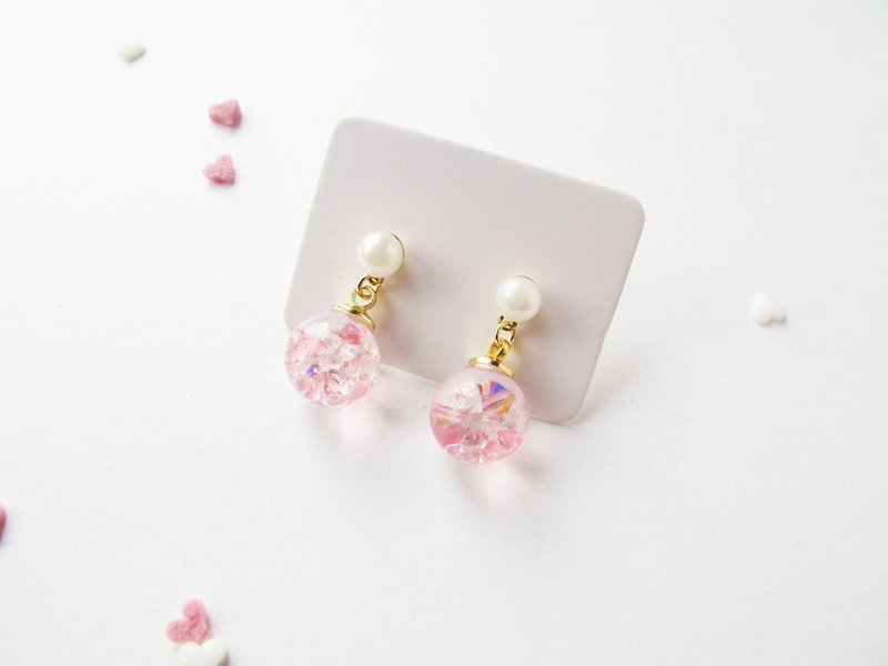Rosy Garden 櫻花氣質粉紅色水晶玻璃球珍珠垂吊耳環 可換耳夾式