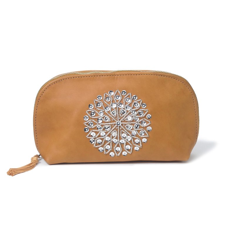 Brown cosmetic pouch moroccan Leather Sequined hand embroider Makeup bag(Large) - กระเป๋าเครื่องสำอาง - หนังแท้ สีนำ้ตาล