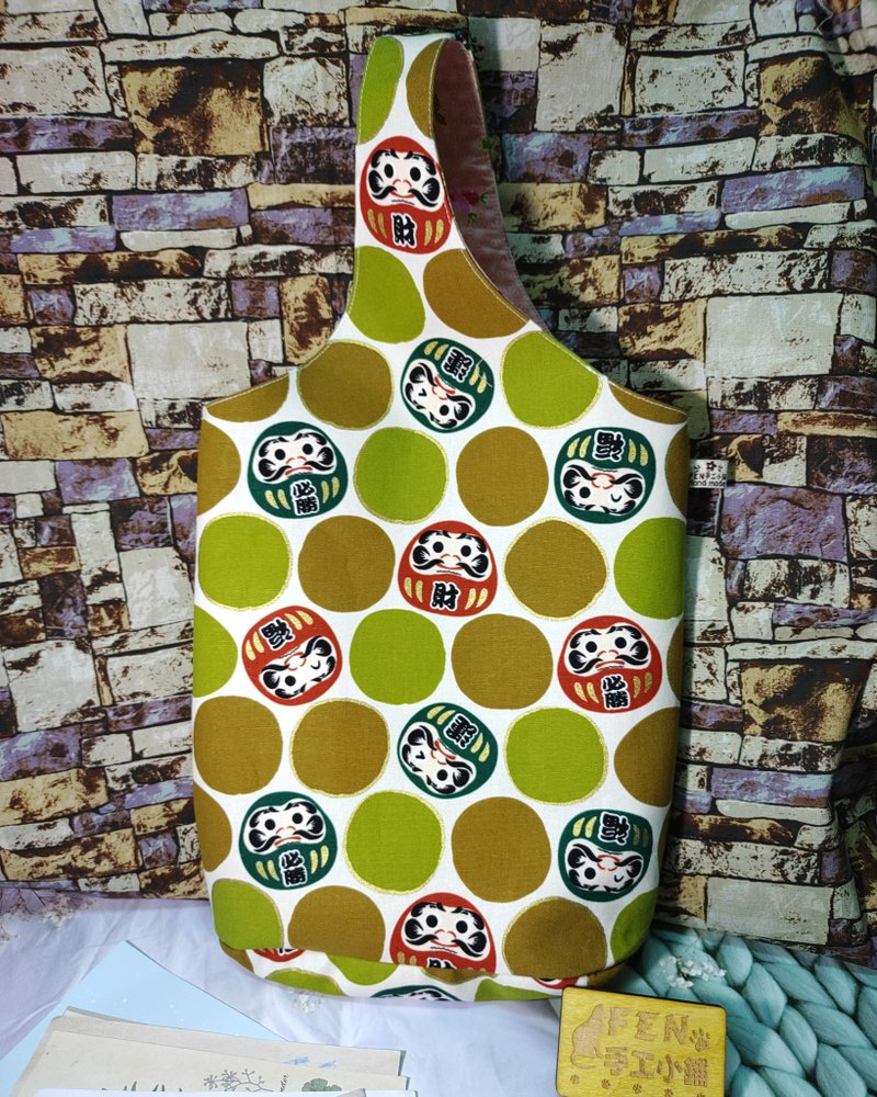 Japanese style series-thick cotton white and green tumbler Fushen Dharma handbag-double cup bag-thermos bag-water bottle bag - กระเป๋าถือ - ผ้าฝ้าย/ผ้าลินิน 