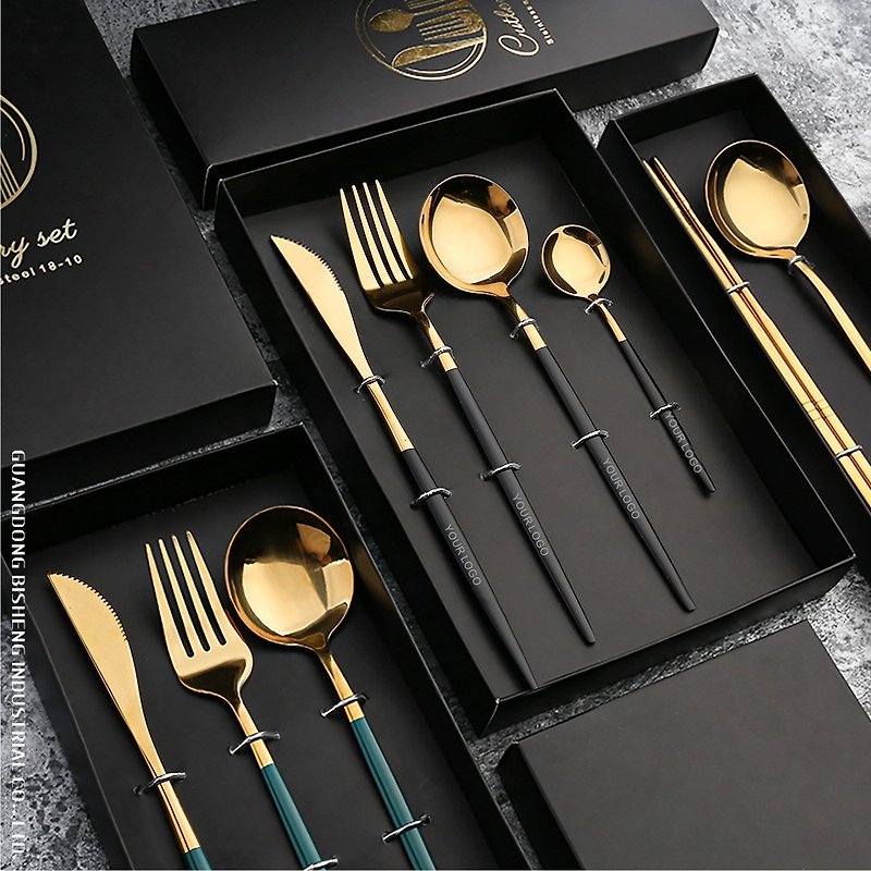 客製餐具四件組 北歐餐具雕刻 刻字餐具禮盒 新年禮物 - 刀/叉/湯匙/餐具組 - 其他金屬 金色