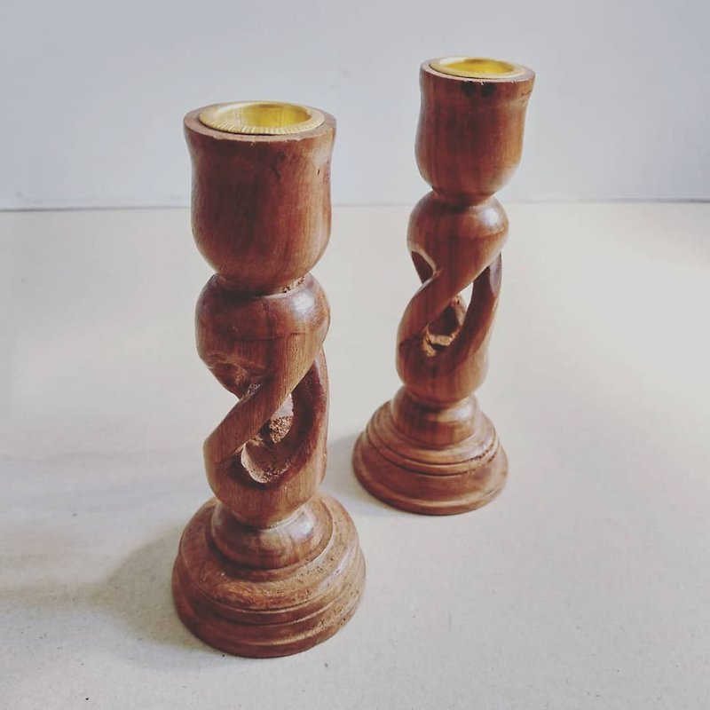 American antique wooden handmade three-dimensional spiral hollow carved candle holder set/furnishings (a set of two) - เทียน/เชิงเทียน - ไม้ สีนำ้ตาล