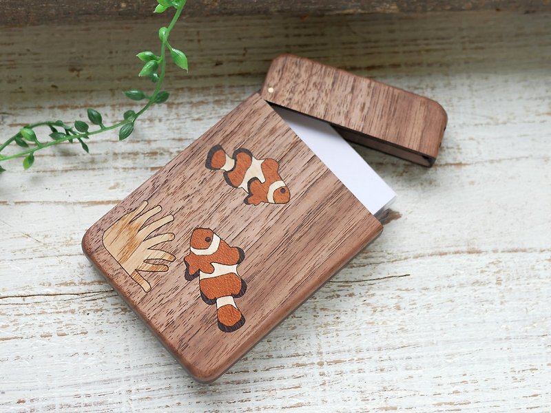 Wooden business card holder / walnut / Anemone fish