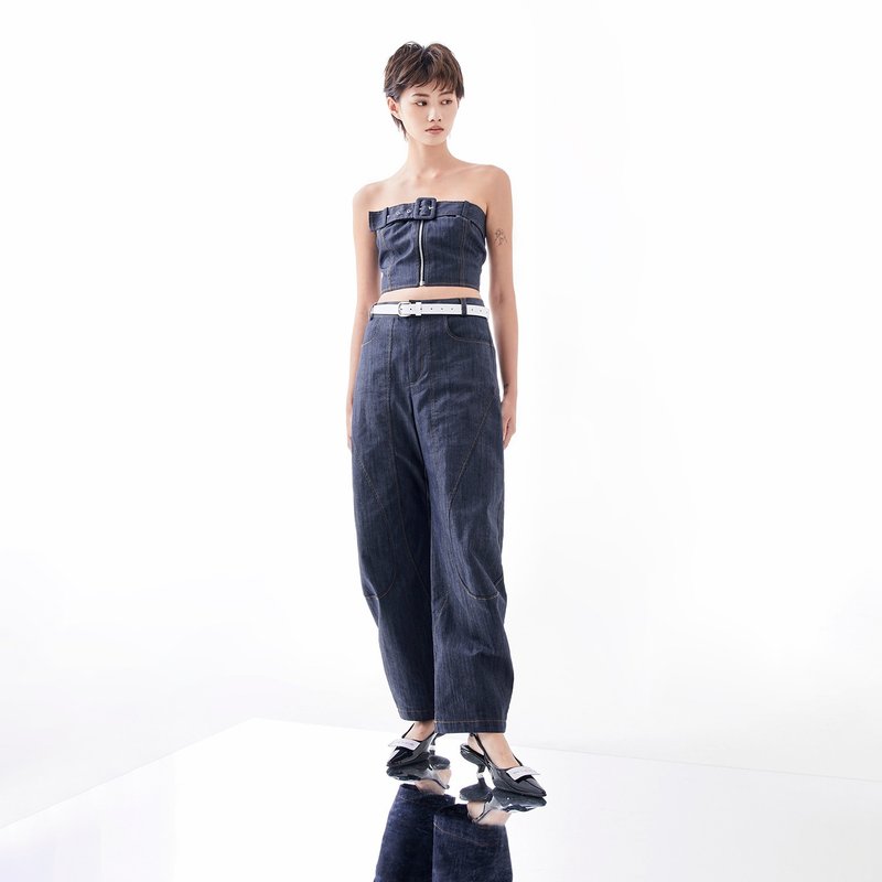 立體繭型長寬褲 - 中性長褲/短褲 - 棉．麻 藍色