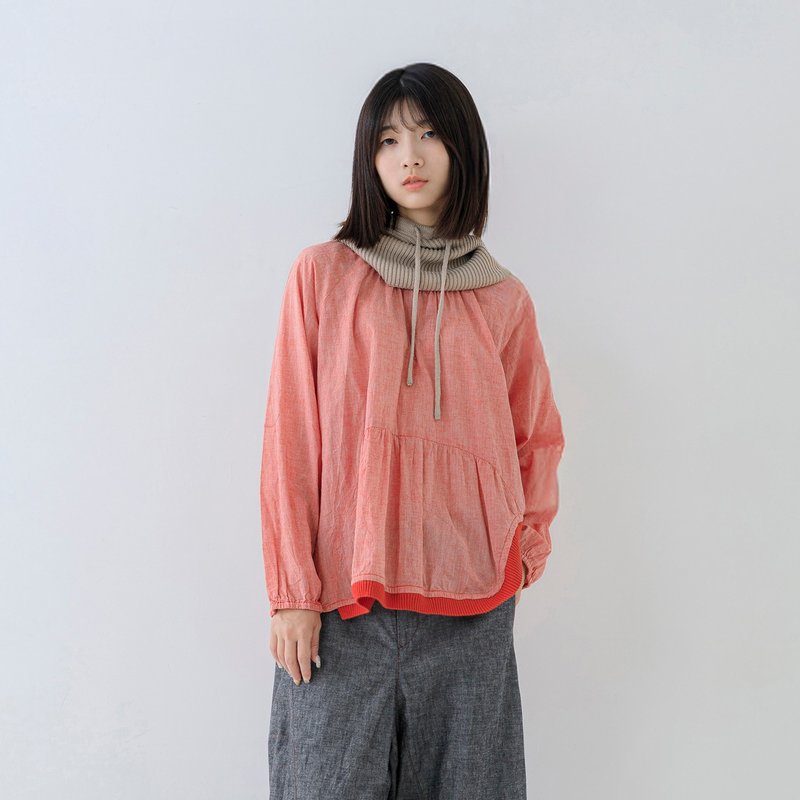 流光不對稱羅紋襬上衣 - 女上衣/長袖上衣 - 棉．麻 紅色