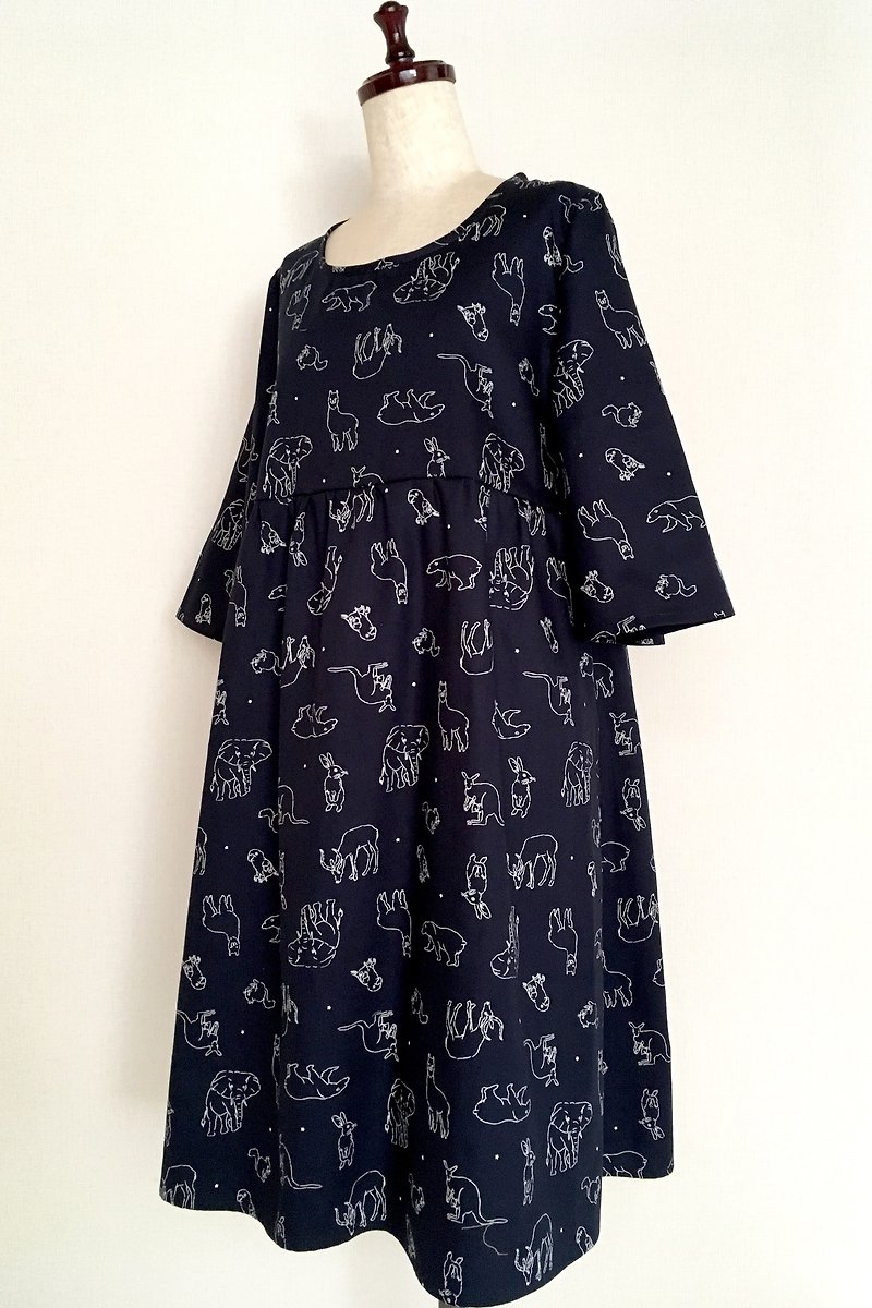 Small stars and animals * Relaxing gathers dress with three-quarter sleeves * Round neck * 100% cotton * Dark navy - One Piece Dresses - Cotton & Hemp Black