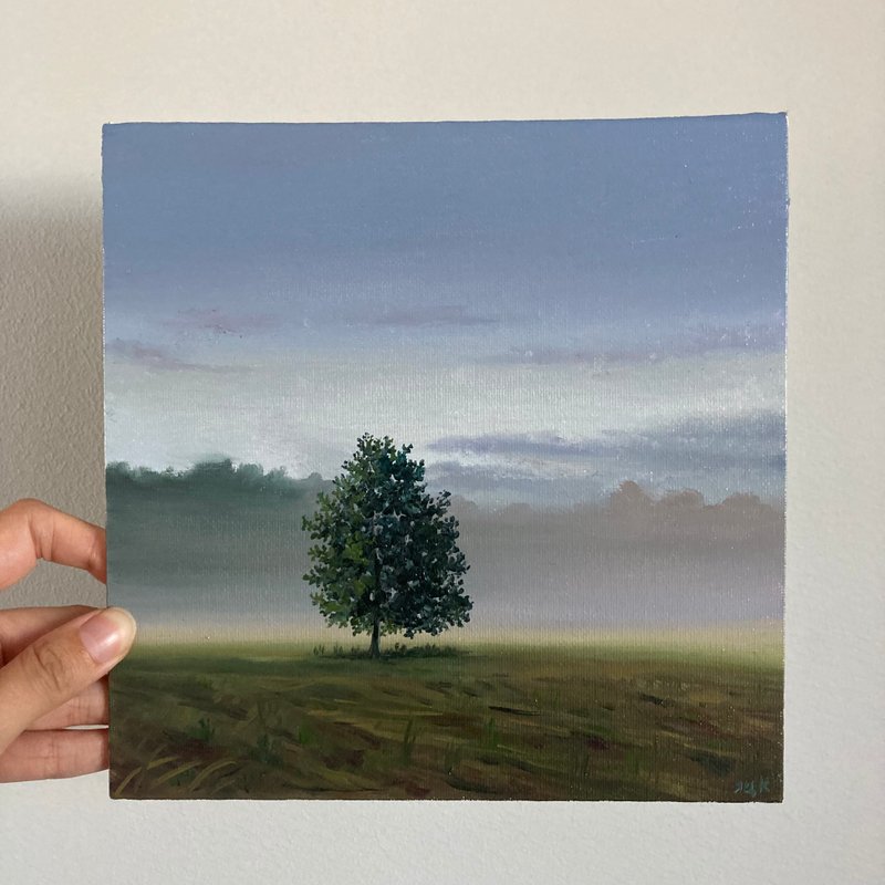 Small Original Tree Painting, Fog Art, Small Landscape Painting, Tree Oil Art - โปสเตอร์ - ผ้าฝ้าย/ผ้าลินิน สีเขียว