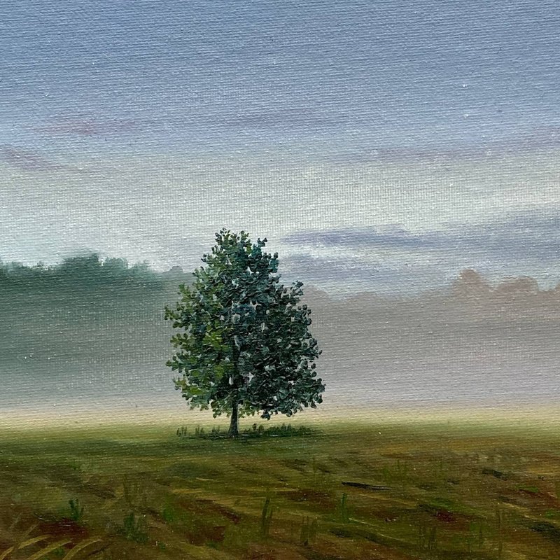 Small Original Tree Painting, Fog Art, Small Landscape Painting, Tree Oil Art - โปสเตอร์ - ผ้าฝ้าย/ผ้าลินิน สีเขียว
