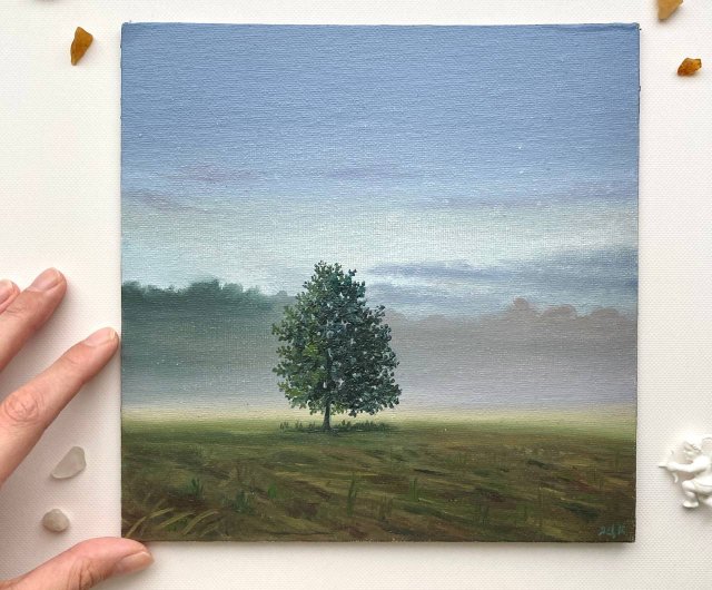 小さなオリジナルの木の絵、フォグアート、小さな風景画、木の