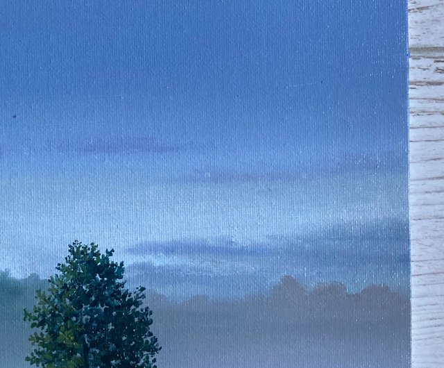 小さなオリジナルの木の絵、フォグアート、小さな風景画、木の