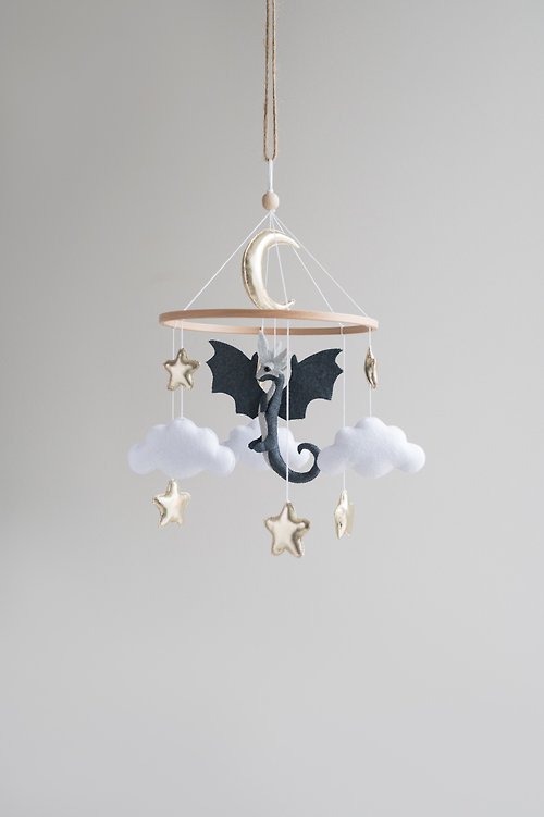DecorOfFelt Baby mobile dragon, moon and star mobile, fairy tale nursery, baby shower gift