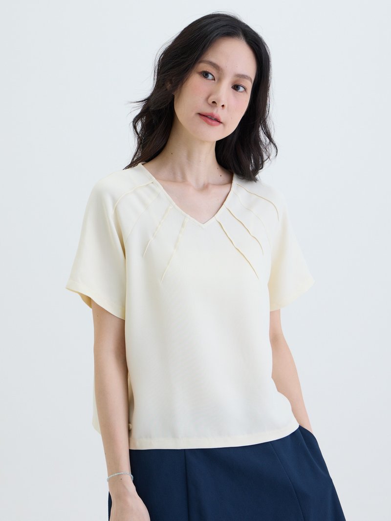 光域領線V領短袖上衣-日晨 - 女 T 恤 - 其他人造纖維 白色