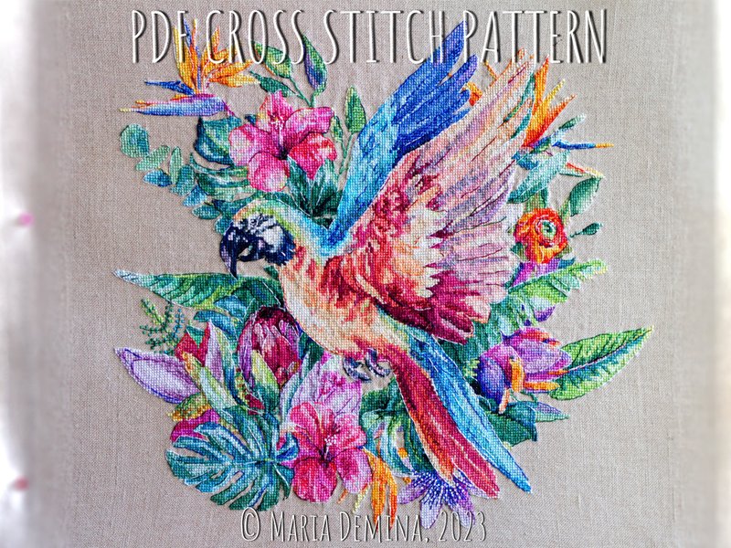 Tropical Parrot PDF cross stitch pattern / pillow cover 鸟鹦鹉 十字繡 - 手工藝教學/工具書 - 其他材質 