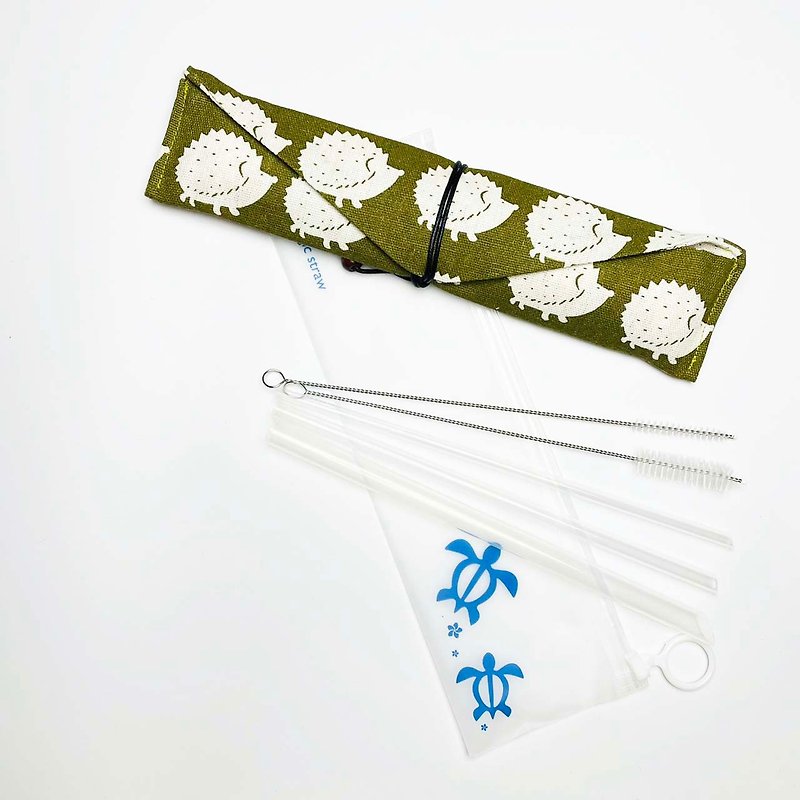 [Meggie Straw x 21.5cm] Japanese Hedgehog Storage Bag + Full Size Five-piece Set - หลอดดูดน้ำ - วัสดุอื่นๆ สีเขียว
