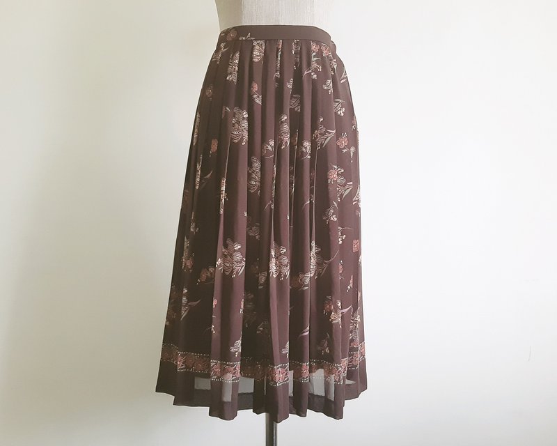 23 Waist Vintage Brown Floral Print Pleated Skirt Womens Chiffon Midi Skirt XXS - 裙子/長裙 - 聚酯纖維 咖啡色