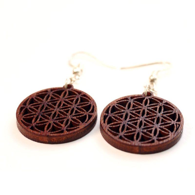 Wooden Earrings Flower of Life 7-circle in circle - 耳環/耳夾/耳骨夾 - 木頭 咖啡色