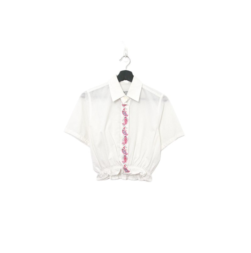 Back to Green-再製刺繡白襯衫 粉色圖騰 ws-04//vintage shirt - 女襯衫 - 棉．麻 