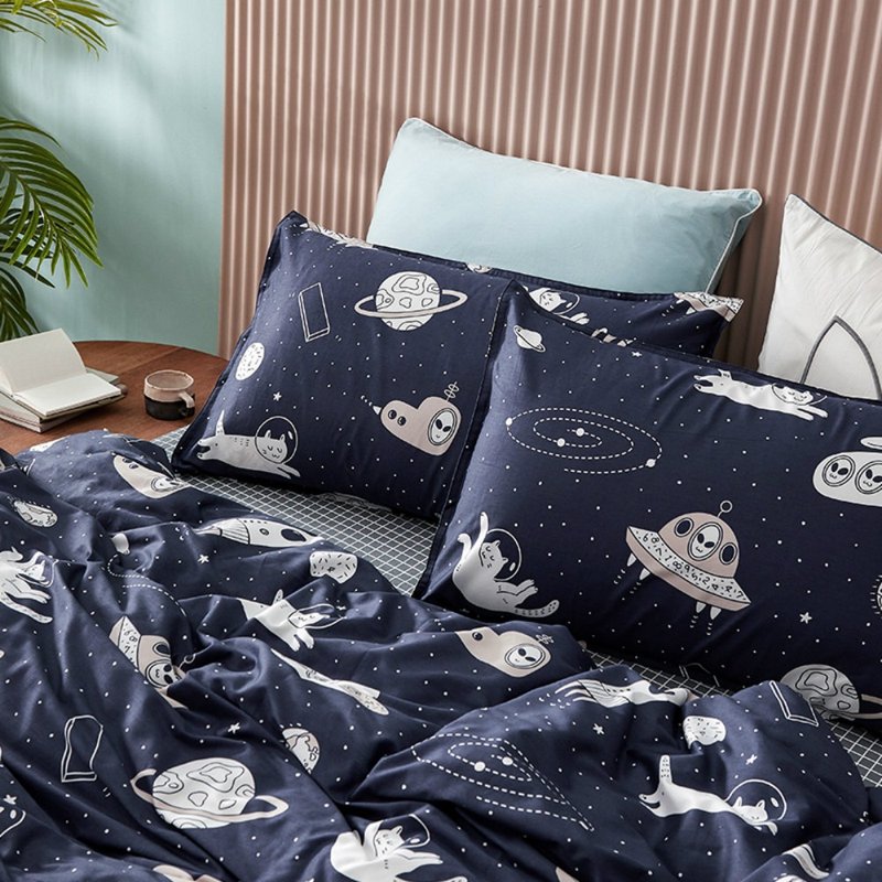 Interstellar Meow single double bed single/bed package hand-painted cat 40 cotton bedding pillowcase quilt cover sold separately - เครื่องนอน - ผ้าฝ้าย/ผ้าลินิน สีน้ำเงิน