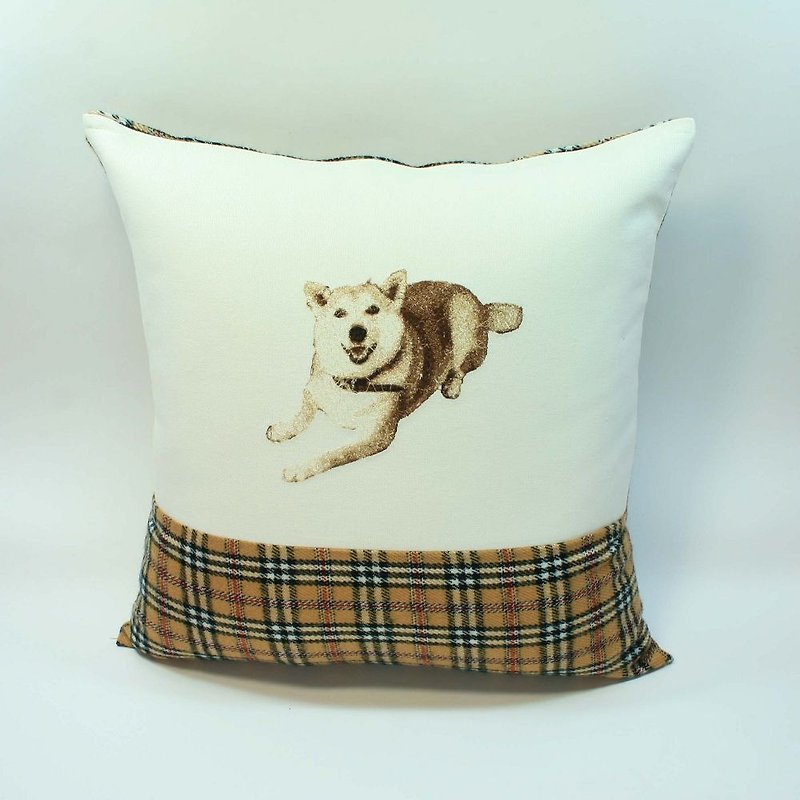 Large embroidery pillow cover 06- Shiba Inu - หมอน - ผ้าฝ้าย/ผ้าลินิน สีนำ้ตาล