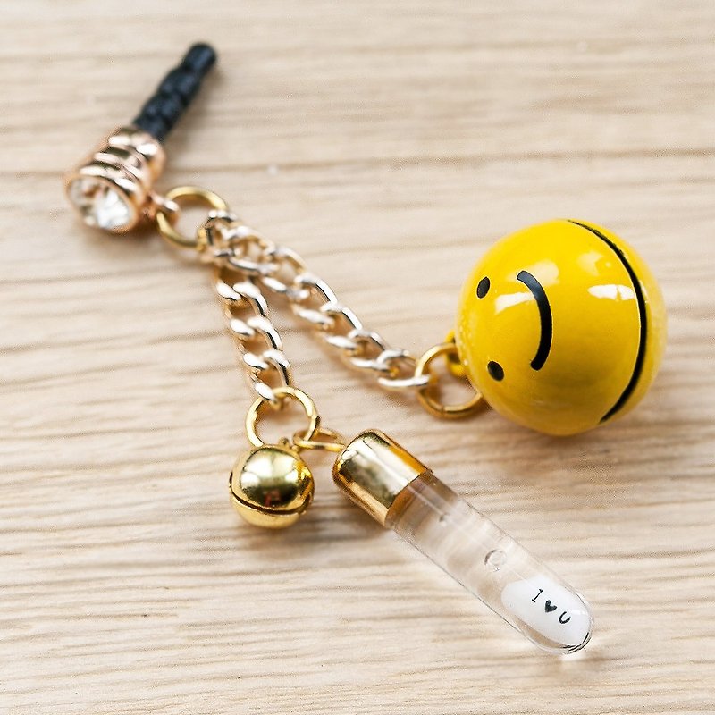 Mi Diaoda Artificial Room "Handmade Customized Mobile Phone Dust Plug Strap" style K-Smiling Little Yellow Bell as Pendant iPhone Android Universal 3.5mm Exchange Gift - Phone Stands & Dust Plugs - Glass Gold