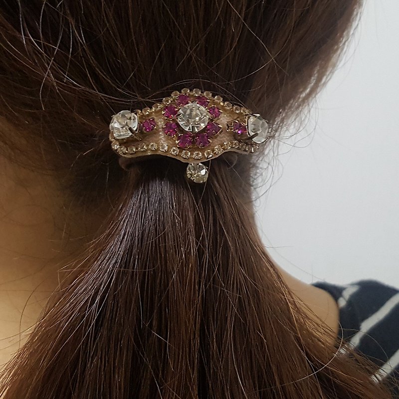 Oriental Pink rhinestone ponytail holder - Hair Accessories - Polyester Pink