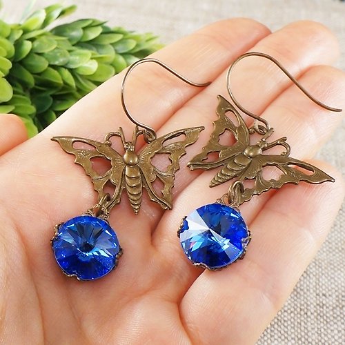 AGATIX Blue Butterfly Earring Swarovski Crystal Ultramarine Long Brass Earrings Jewelry