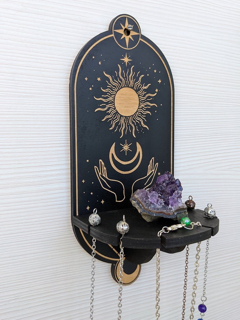 Pendulum holder sun and moon shelf, altar shelf, crystal shelf, small shelf wood - ของวางตกแต่ง - ไม้ สีดำ