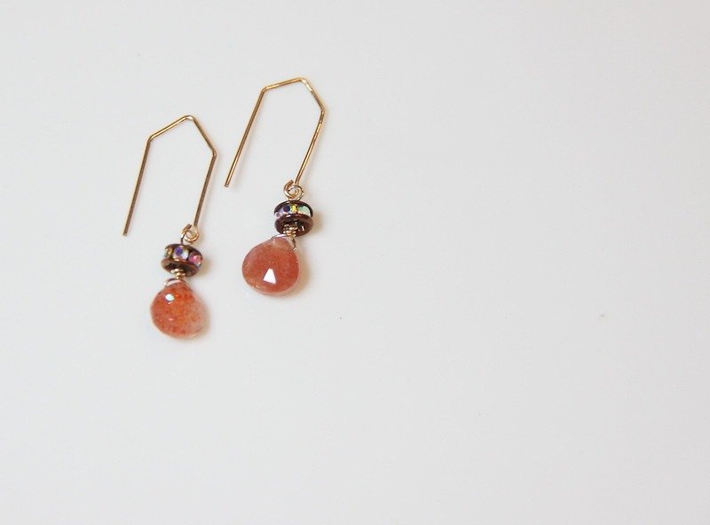 Simple day feldspar rhinestone earrings / Modern Sun stone with Rhinestone Rondelle 14KGF earring - Earrings & Clip-ons - Gemstone Orange