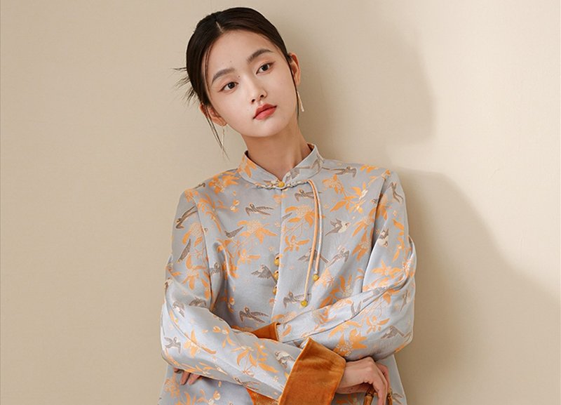 喜鵲登枝 新中式中國風 盤扣仿宋錦唐裝上衣 - 女上衣/長袖上衣 - 其他材質 橘色