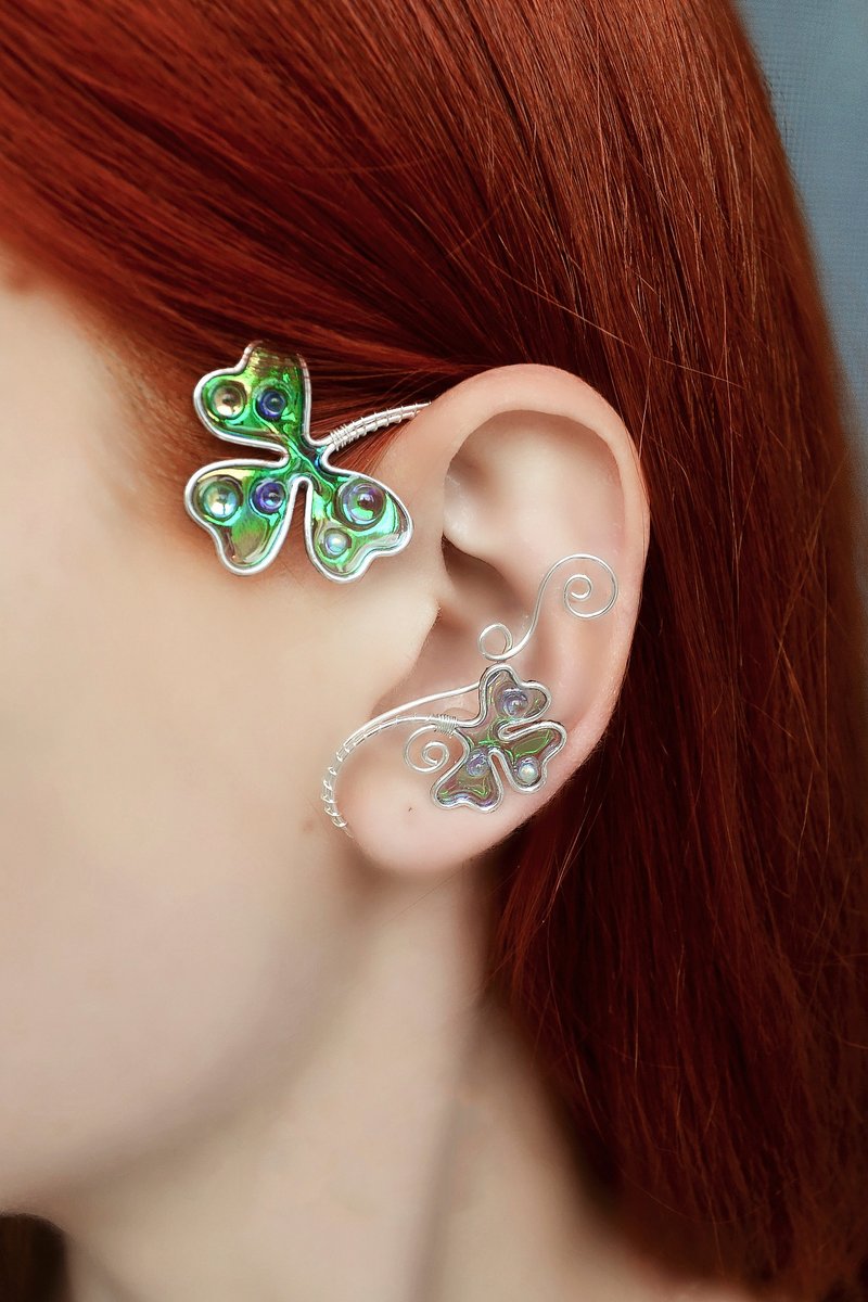 Irish shamrock ear cuff no piercing - 耳環/耳夾/耳骨夾 - 銅/黃銅 綠色