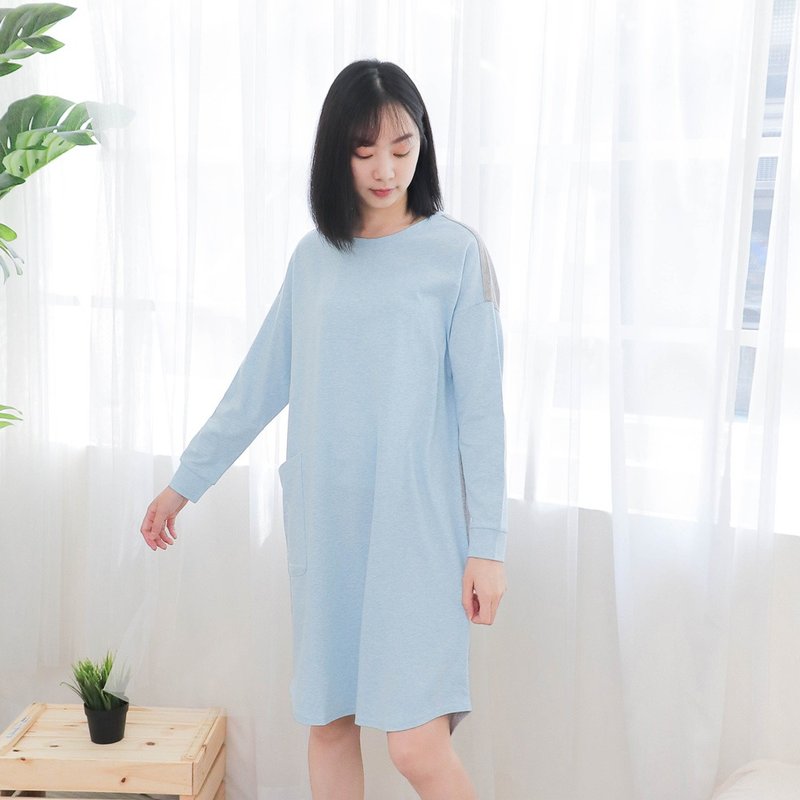 UMORFIL膠原蛋白口袋連身居家服-麻花藍 - 睡衣/居家服 - 棉．麻 藍色
