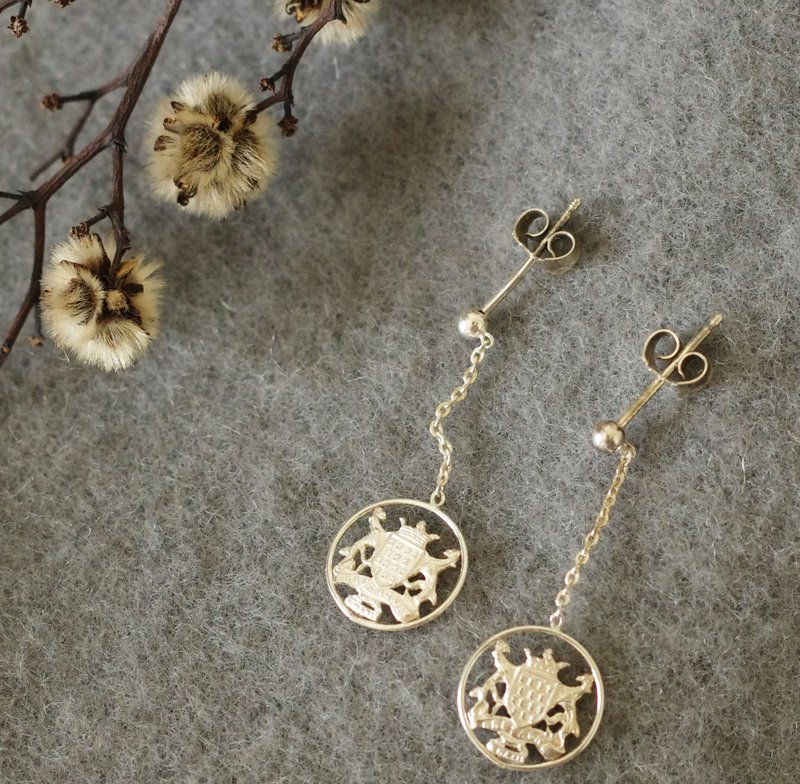 古董法國純銀垂墜軍徽國徽圓形針式耳環 少見 P497 - 耳環/耳夾/耳骨夾 - 其他金屬 銀色