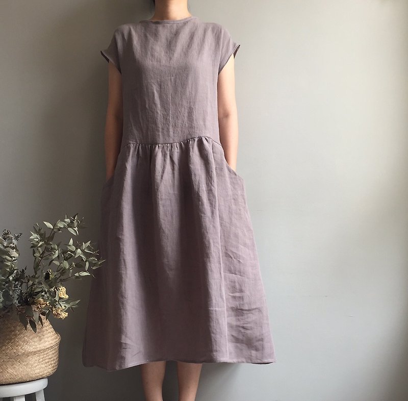 *Breeze Suffolk*Cocoa Grey French Sleeve / Short Sleeve Long Dress 100% Enzyme Washed Linen - One Piece Dresses - Cotton & Hemp 