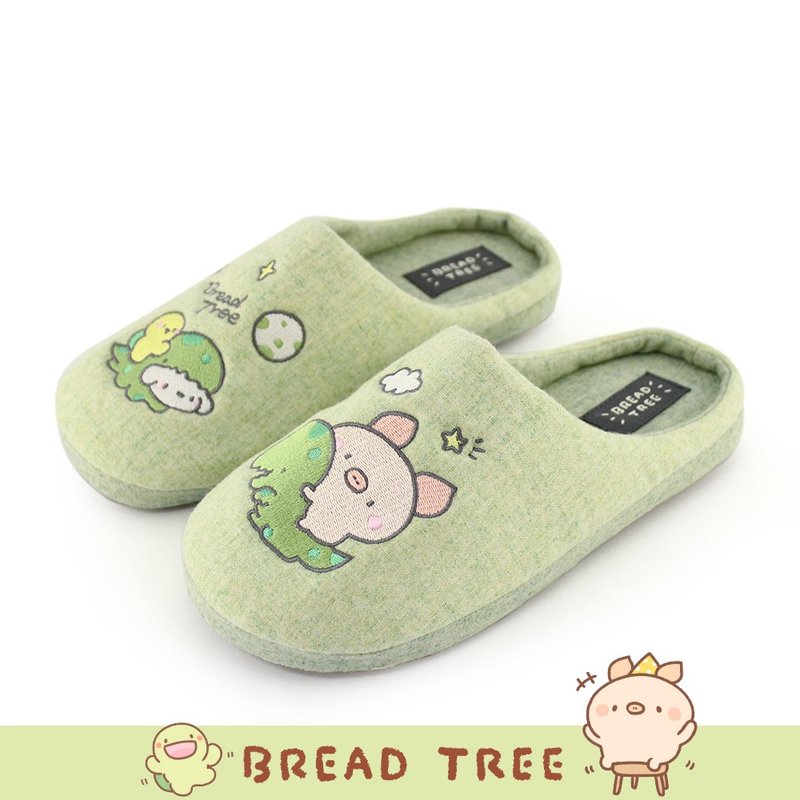 Paidal xBread tree playful dinosaur plush indoor slippers - grass green - รองเท้าแตะในบ้าน - ผ้าฝ้าย/ผ้าลินิน สีเขียว