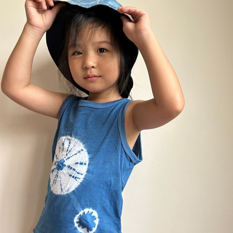 Ikawaki indigo woven pure cotton indigo dyed children's tops woven heart net - Tops & T-Shirts - Cotton & Hemp Blue