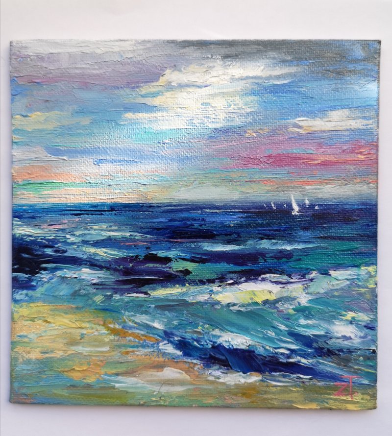 Seascape Painting  Abstract Original Art on Canvas 15x15 cm. - 海報/掛畫/掛布 - 棉．麻 