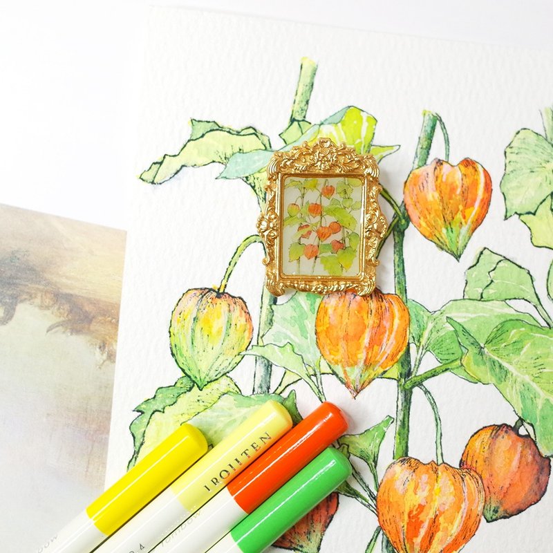 Physalis mini painting pin brooch - เข็มกลัด - วัสดุกันนำ้ สีส้ม