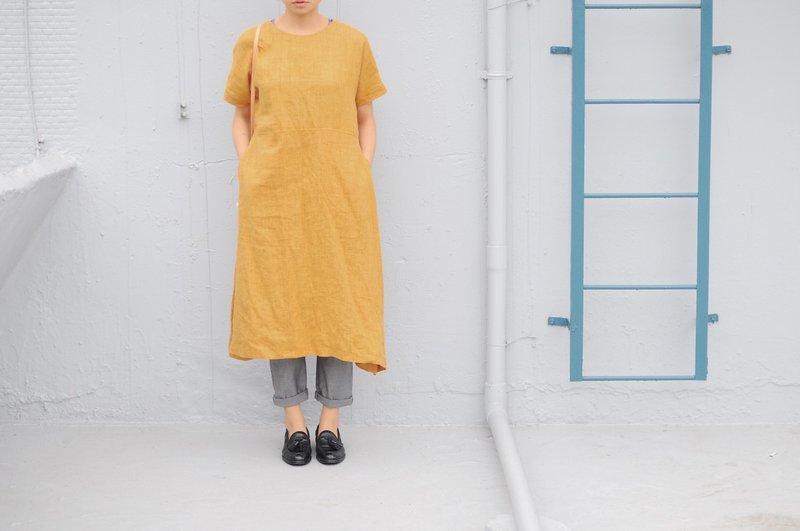 Par - Peanut butter khaki loose cotton dress with long sleeves arcuate skirt {only} a SOLD OUT - One Piece Dresses - Cotton & Hemp Gold